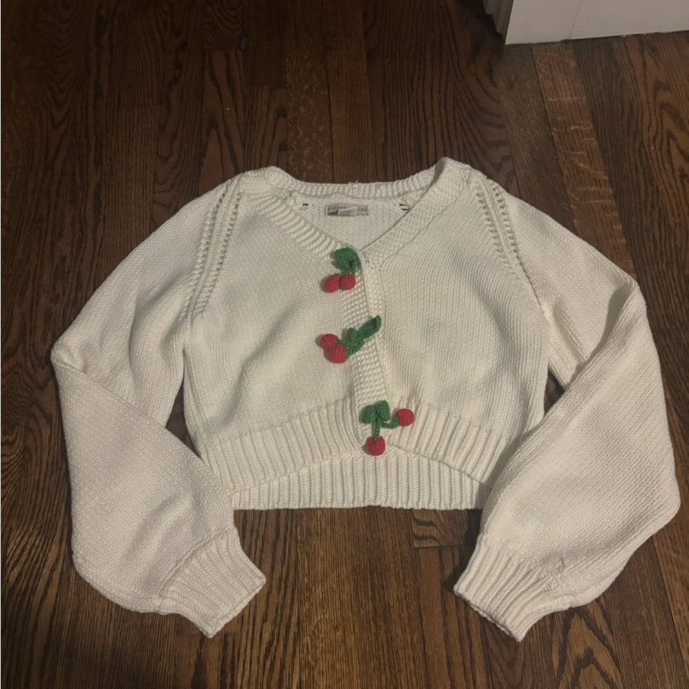 Womens White Cropped Knit Cardigan with Cherry Buttons